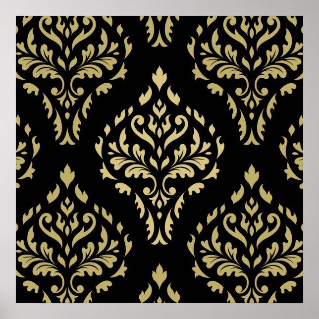 Poster Damask Leafy Barroco Padrão Negro e Golds (Frente)