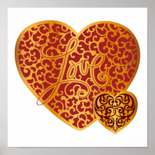 Poster Damask Ouro Love Red Heart