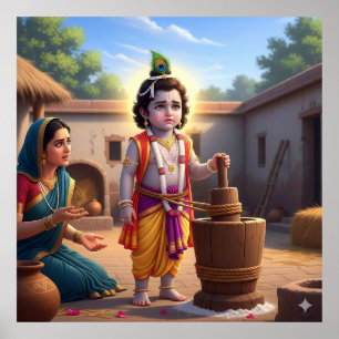 Poster Damodara Bala Krishna Tradicional Azul Sagrado