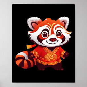 Poster Dança do Leão Panda Vermelho Divertida para Crianç