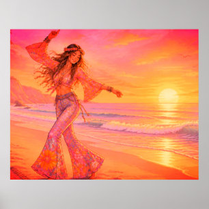 Poster Dançando na Praia Sob o Pôr do Sol em uma Grande