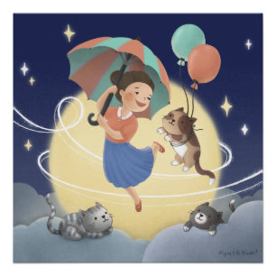 Pôster Dançar com Gatos na Noite de Lua
