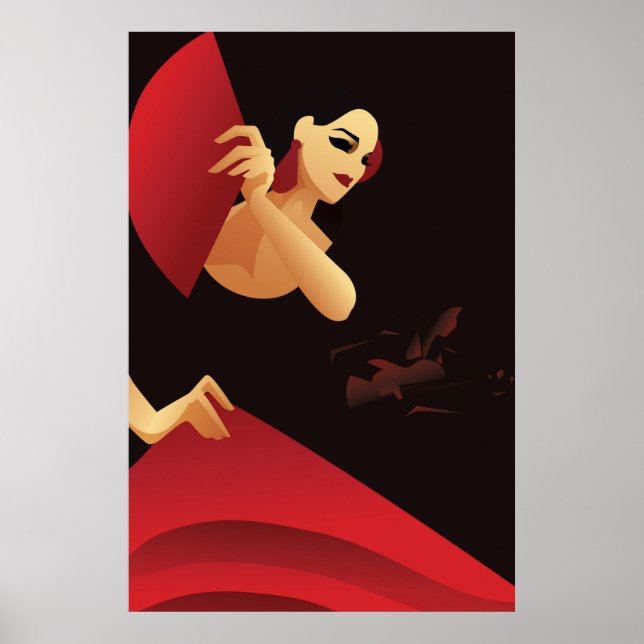 Poster Dançarina de flamenco espanhola com fã preto e ver (Frente)