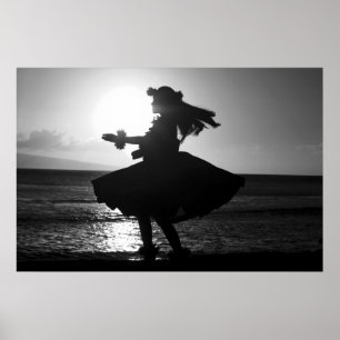 Pôster Dançarino Hula Negro e Branco Havaiano