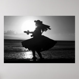 Pôster Dançarino Hula Negro e Branco Havaiano