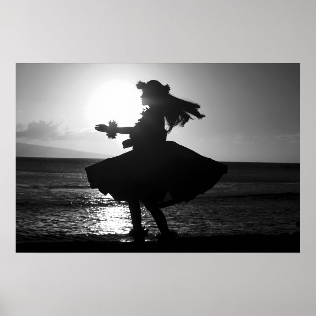 Pôster Dançarino Hula Negro e Branco Havaiano (Frente)