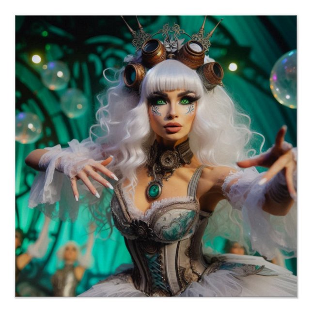 Pôster Dançarino Verde Futurístico Vitoriano Steampunk (Frente)