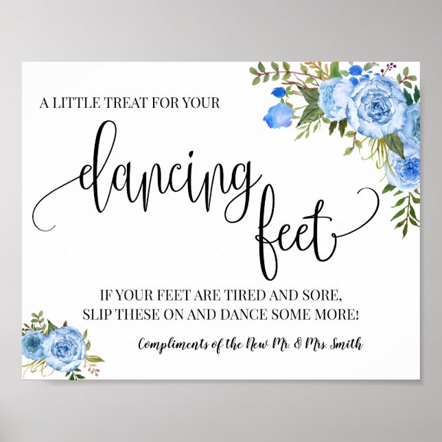 Poster Dancing feet sign flip flops wedding blue floral (Frente)