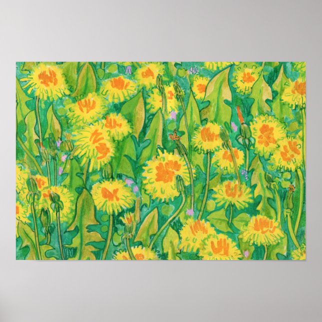 Poster Dandelion Bloom Summer Flowers Floral Verde Amarel (Frente)