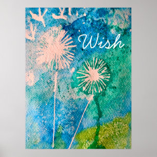 Poster Dandelion watercolor desejo abstrato azul e verde