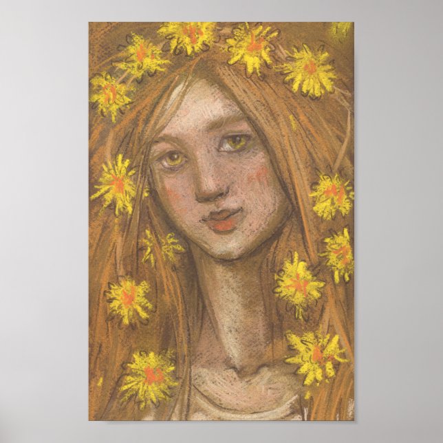 Poster Dandelions Bloom, Loura Rapariga e Flores (Frente)