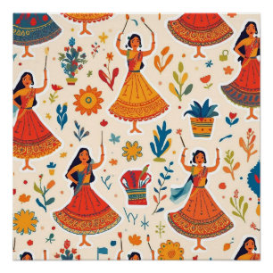 Pôster Dandiya Nights Seamless Pattern - Festival Indiano