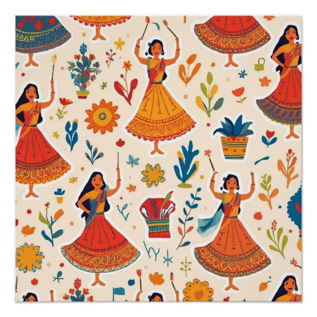 Pôster Dandiya Nights Seamless Pattern - Festival Indiano (Frente)