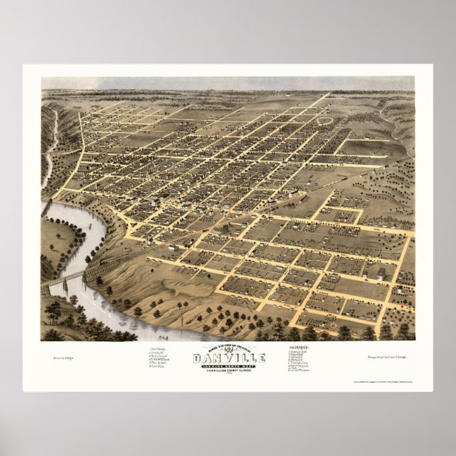 Pôster Danville, Mapa Panorâmico da IL - 1869 (Frente)