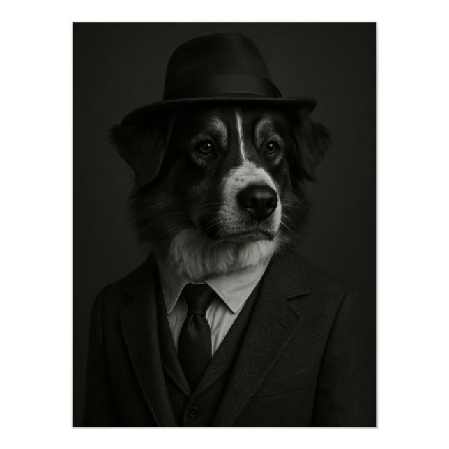Pôster Dapper Australian Shepherd Dog in Suit and Hat (Frente)