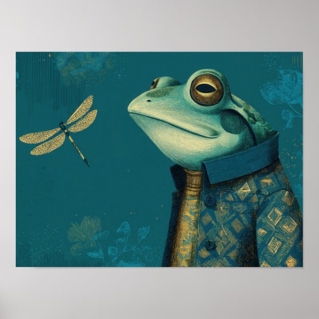 Poster Dapper Frog & Dragonfly - Surreal Vintage Animal  (Frente)