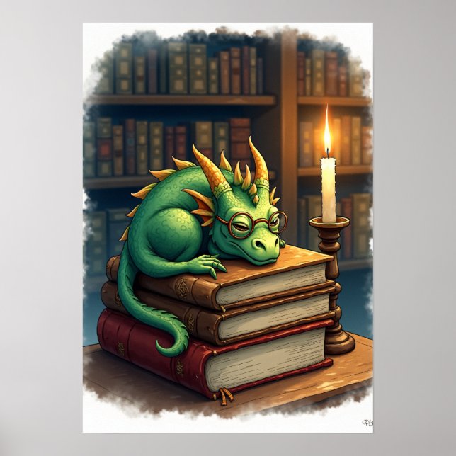 Poster Dark Academia Reading Dragon Sticker Bookworm Slee (Frente)
