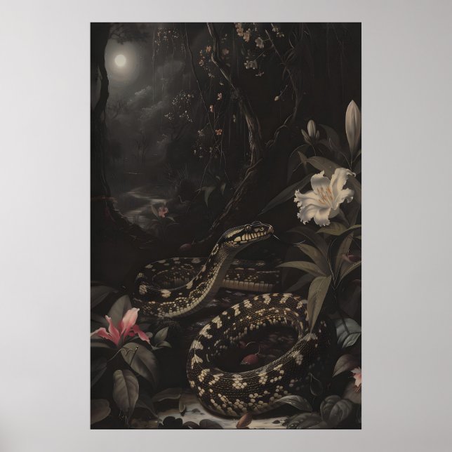Poster Dark Botanical Snake Art Print Floral Reptile (Frente)