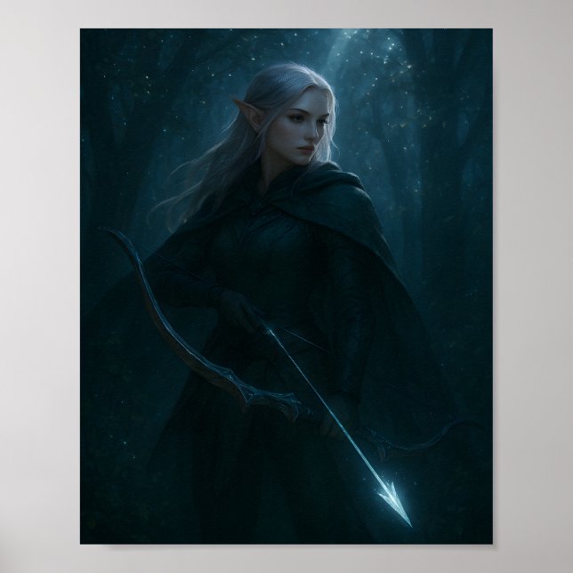 Poster Dark Elf Archer Fantasy Art – Mystical Forest  (Frente)