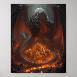 Poster Dark Fire Dragon Guarding Treasure – Fantasy Art