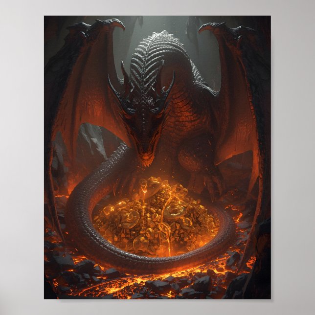 Poster Dark Fire Dragon Guarding Treasure – Fantasy Art (Frente)