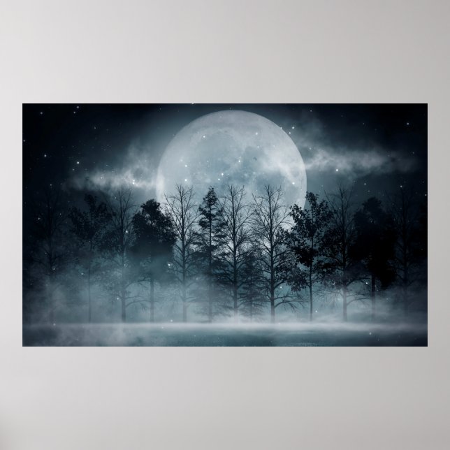 Poster Dark forest. Gloomy dark scene with trees, big moo (Frente)