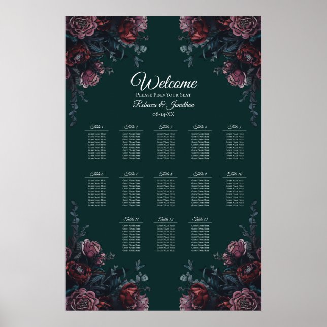 Poster Dark Forest Green Elegant Wedding Seating Chart (Frente)