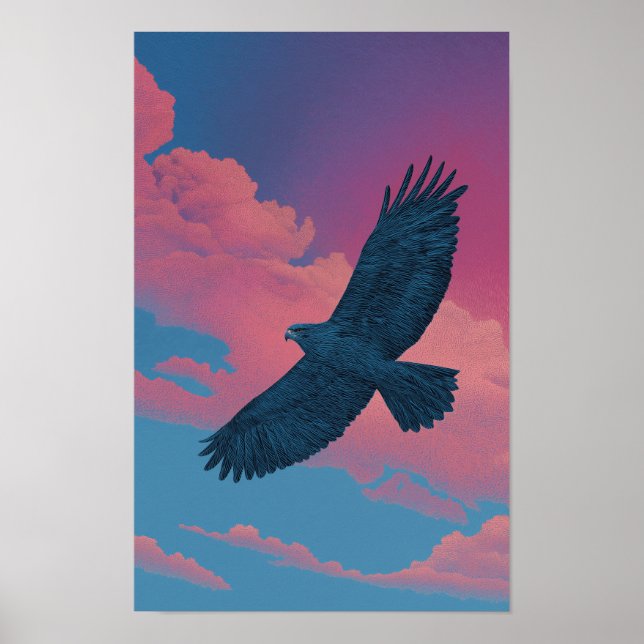 Poster Dark hawk with wings spread across a sunset sky (Frente)