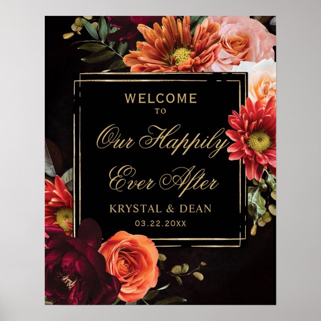 Poster Dark Moody Black Burgundy Orange Floral Wedding (Frente)