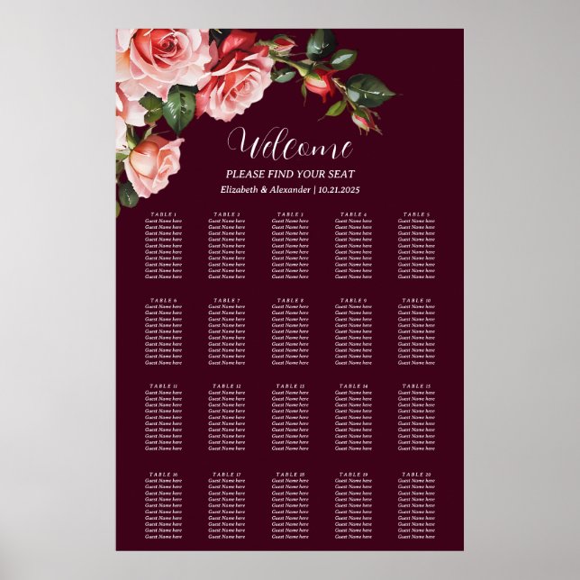 Poster Dark moody pink red roses wedding seating chart (Frente)