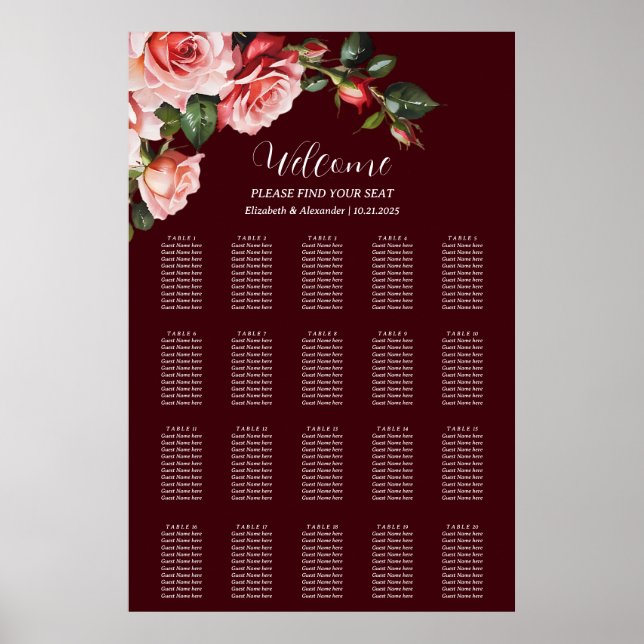Poster Dark moody pink red roses wedding seating chart (Frente)