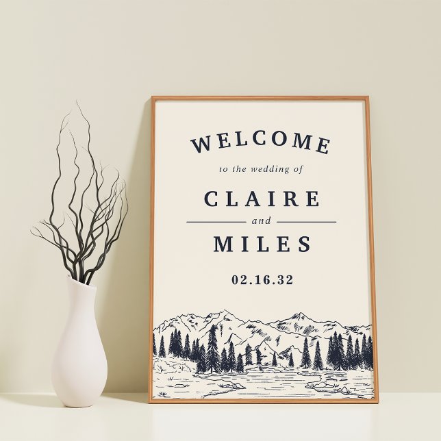 Poster Dark Navy Mountain Sketch Wedding Welcome Sign (Criador carregado)