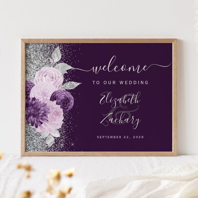 Poster Dark Purple Floral Silver Wedding Welcome (Criador carregado)