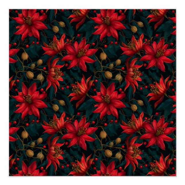Pôster Dark Red Christmas Floral Pattern (Frente)