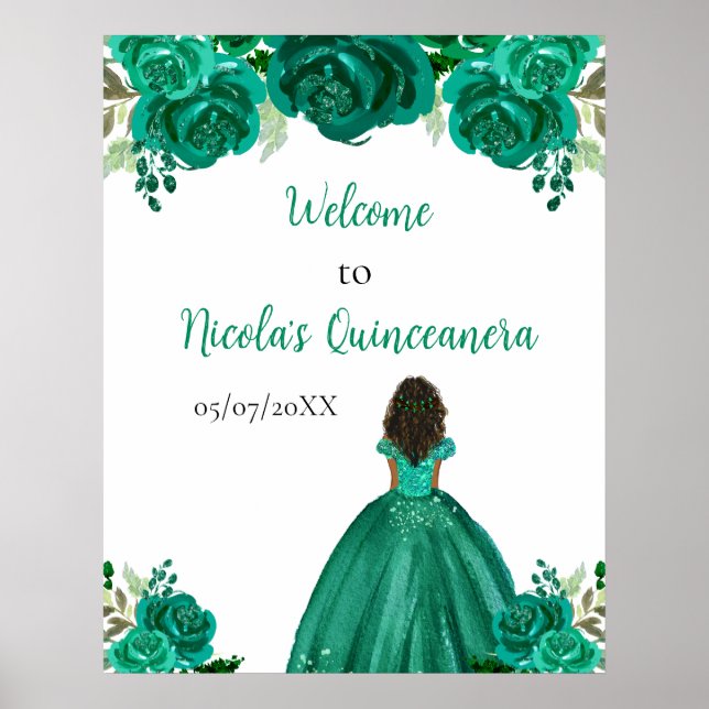 Poster Dark Skin Princess Green Quinceanera Welcome (Frente)