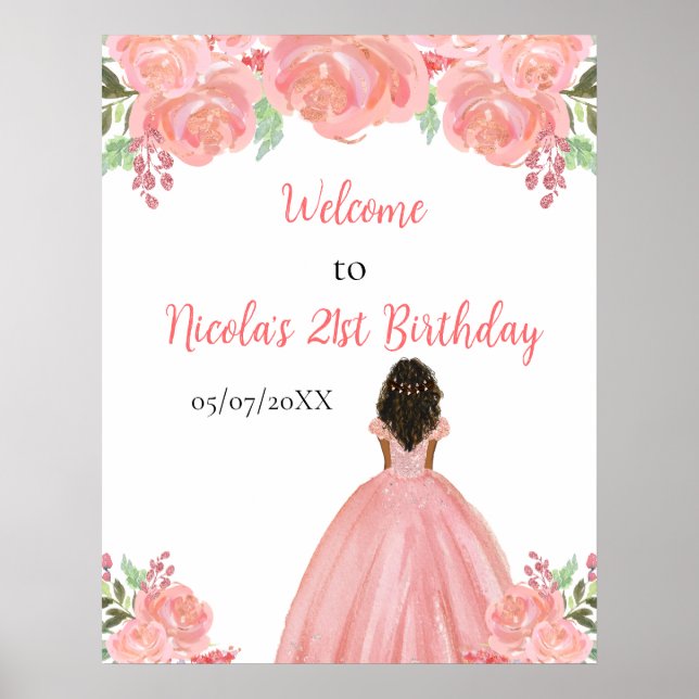 Poster Dark Skin Princess Pink Floral Birthday Welcome (Frente)