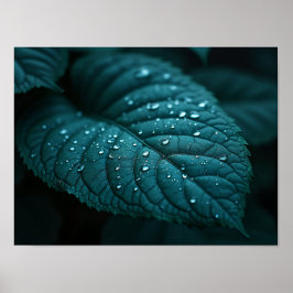 Poster Dark Teal Macro Leaf With Rain Water Droplets