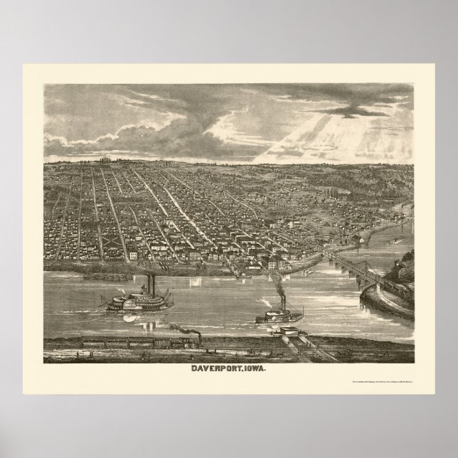 Pôster Davenport, IA Panorâmica Map - 1875a (Frente)