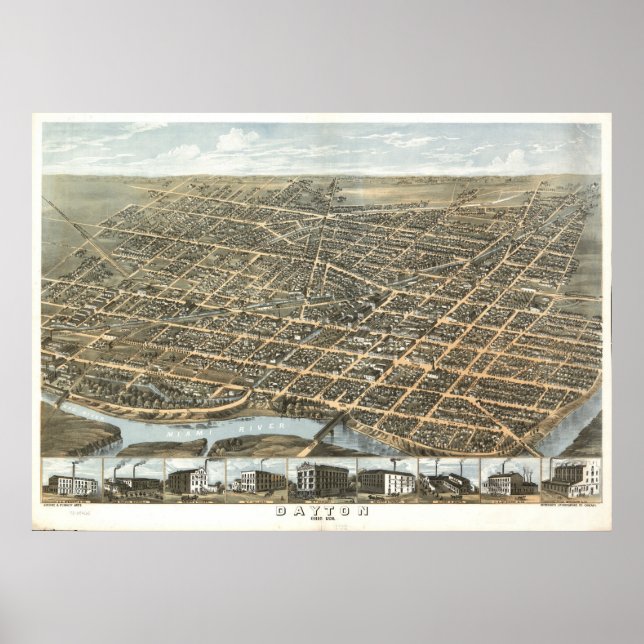 Poster Dayton Ohio 1870 Antique Panoramic Map (Frente)