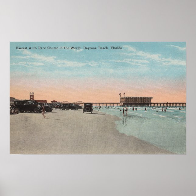 Poster Daytona, FL - View of Beach with Cars & (Frente)