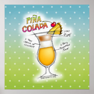 POSTER DE 16" X 16" - PINA COLADA RECIPE COCKTAIL 