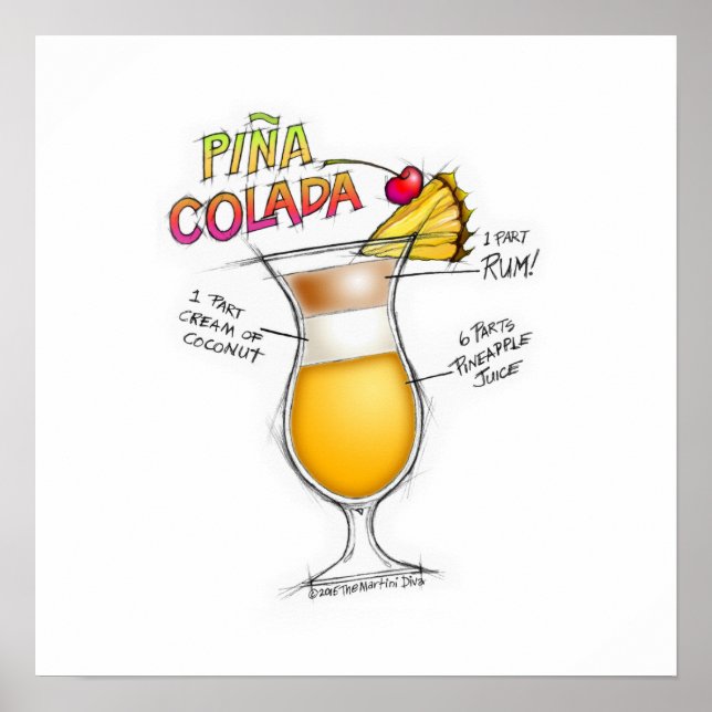 poster de 16" x 16" - PINA COLADA RECIPE COCKTAIL  (Frente)
