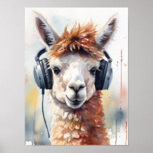 Pôster de Alpaca da Music Factory com Fones de Ouv