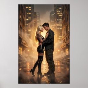 Poster de Amantes Iluminados pela Chuva em uma Rua