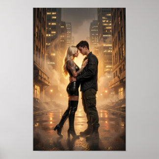 Poster de Amantes Iluminados pela Chuva em uma Rua