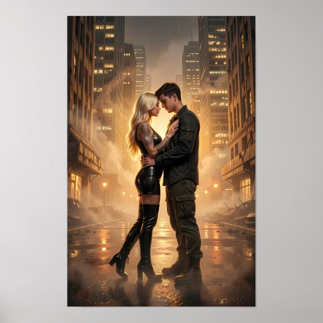 Poster de Amantes Iluminados pela Chuva em uma Rua (Frente)
