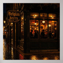 Pôster de Ambiência de Pub Belga em Noite Chuvosa