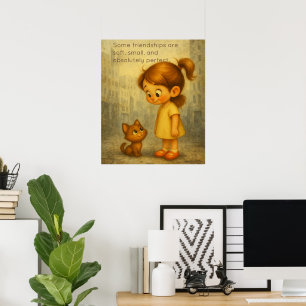 Poster de amizade suave e pequena - Garota e gato