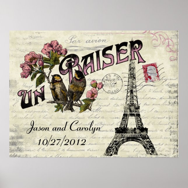 Poster de Amor com Vintage em Francês Personalizáv (Frente)