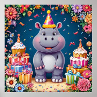 🎉 Poster de Aniversário de Hipopótamo Fofo Bolo B